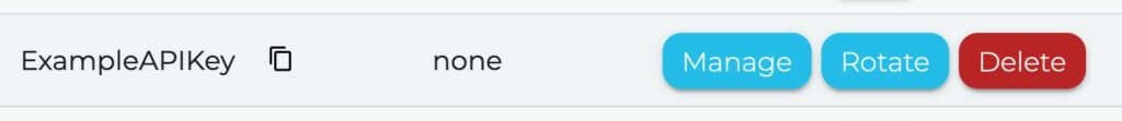 Action buttons for a created API key. Manage, Rotate, and Delete.