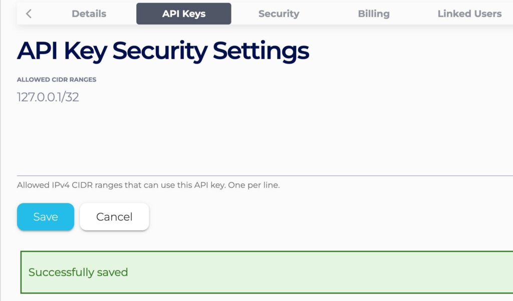 Allowlist showing your saved public IP as a CIDR entry.
