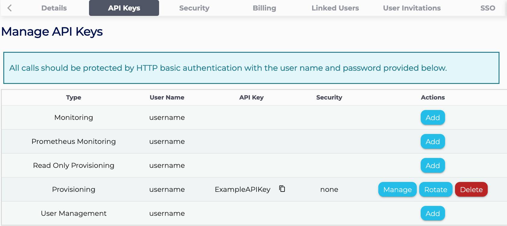 Table containing each API key's information and actions to add, manage, rotate, and delete individual keys.