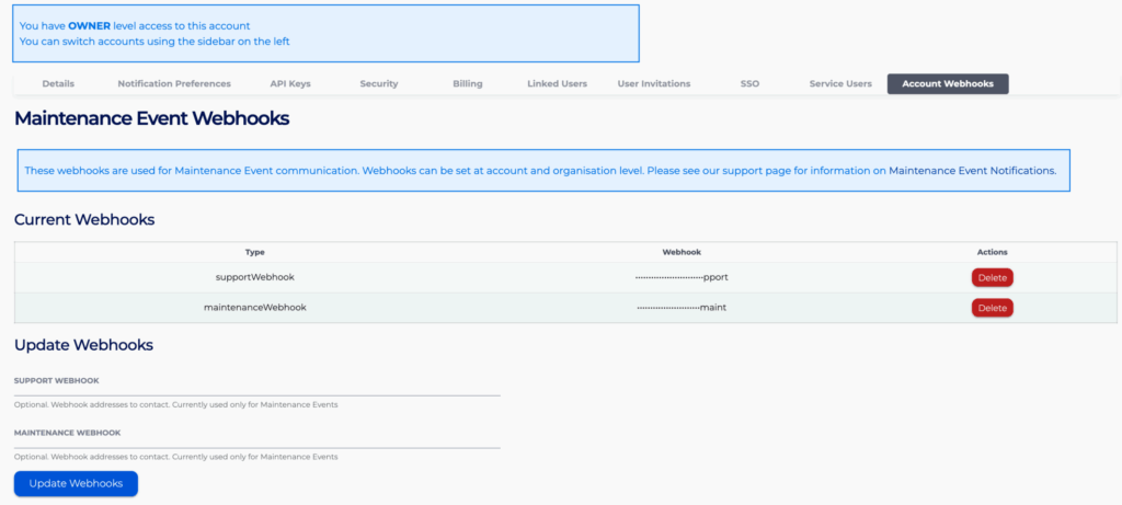 Go to the Account Webhooks tab to manage the Webhooks for this account