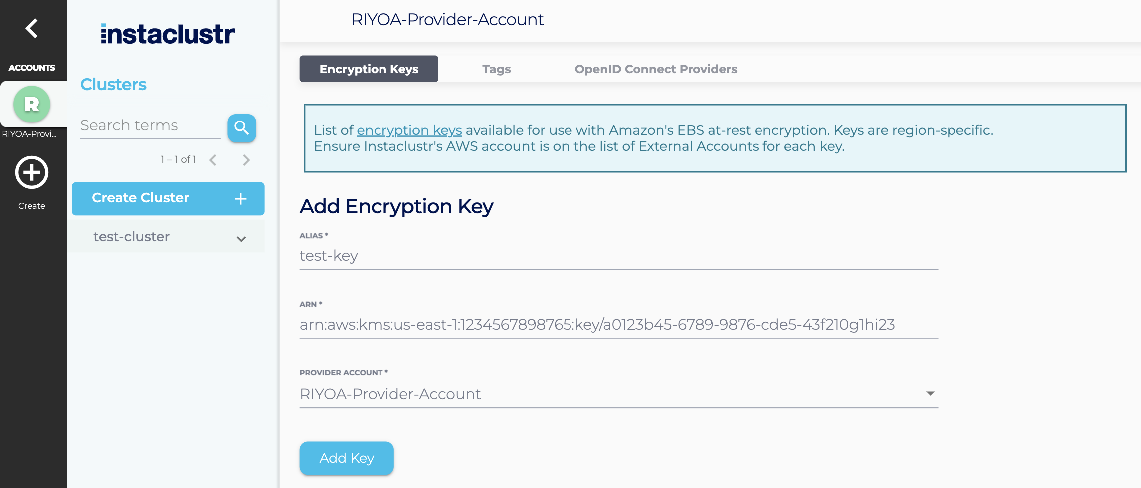 Fill the text fields to add an encryption key onto the Instaclustr console