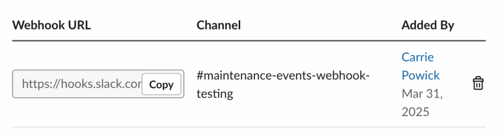 Press the Copy button to copy the Webhook URL in Slack