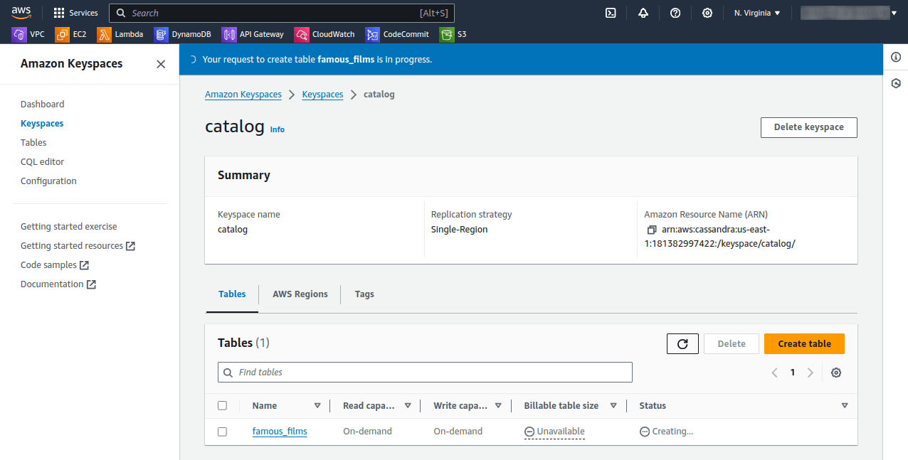 Amazon Keyspaces dashboard - verify new table