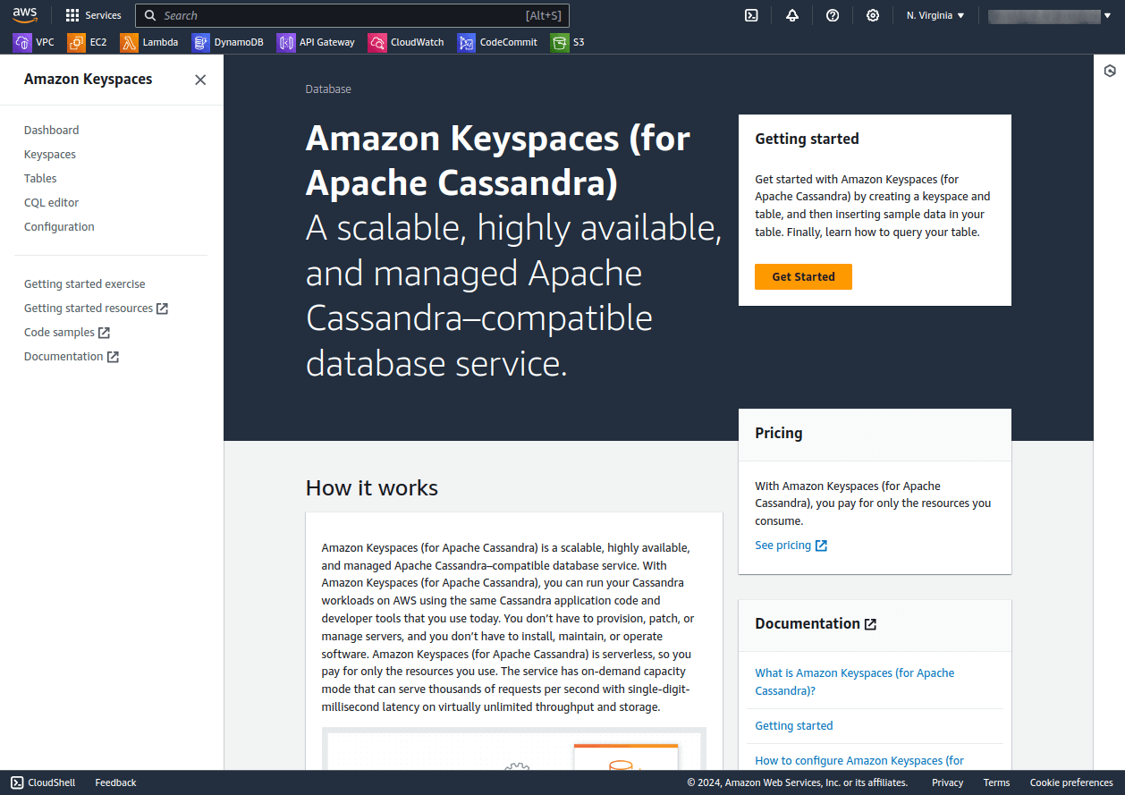 Amazon Keyspaces dashboard