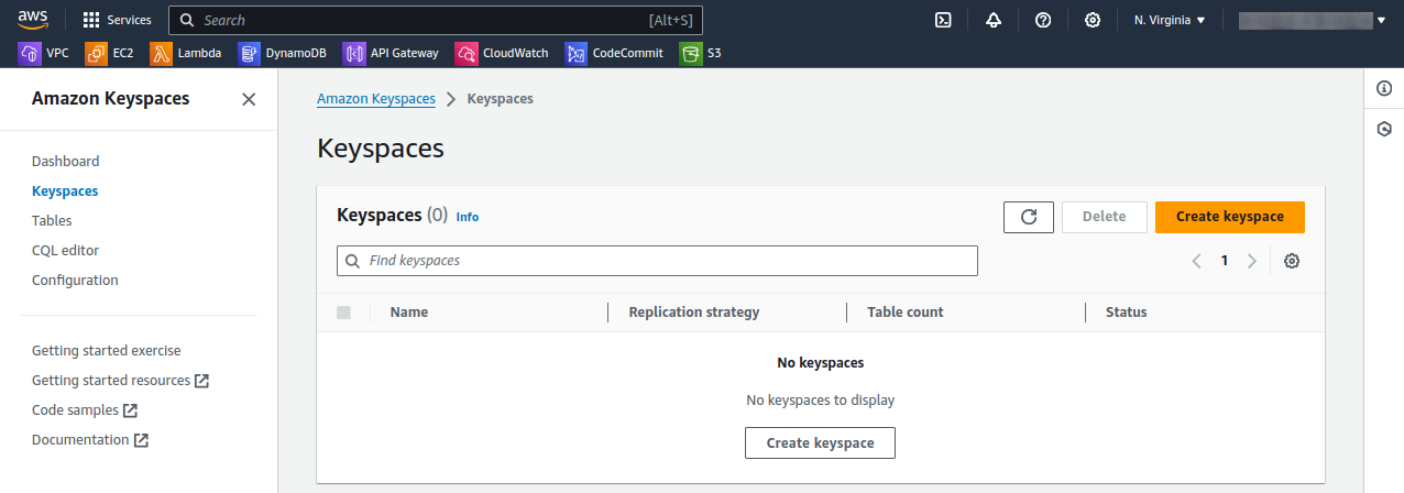 Amazon Keyspaces dashboard - create a Keyspace