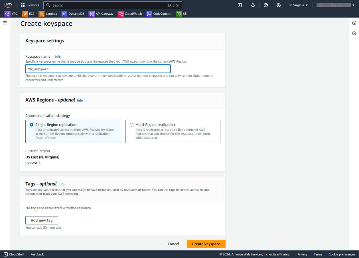 Amazon Keyspaces dashboard - set Keyspace details