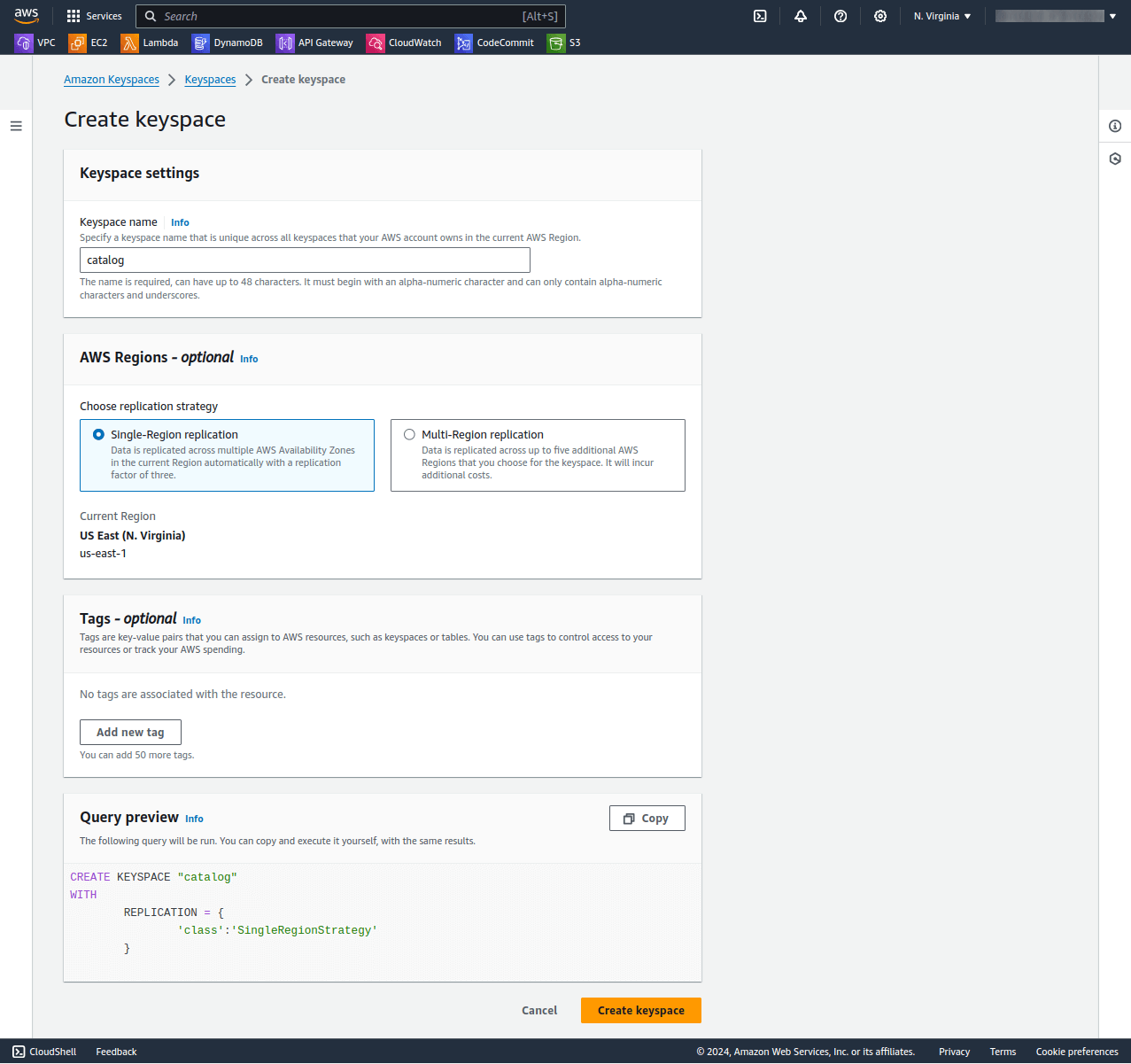 Amazon Keyspaces dashboard - create a new Keyspace