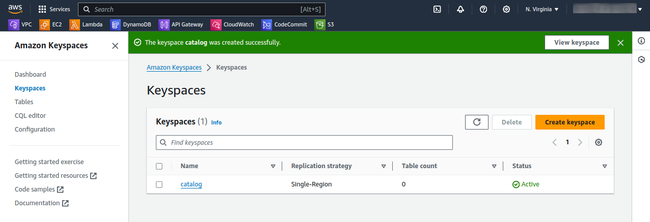 Amazon Keyspaces dashboard - verify new Keyspace