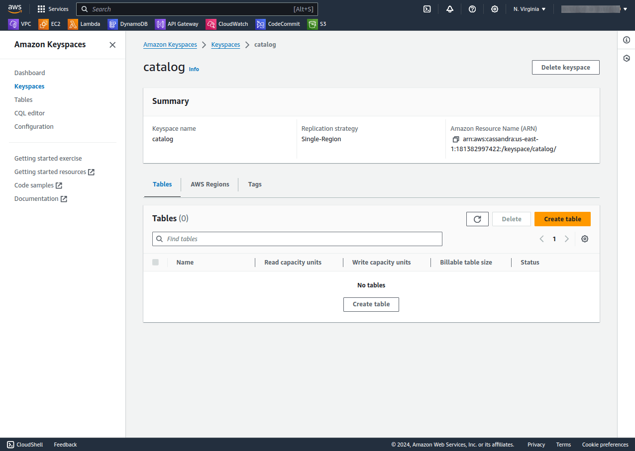 Amazon Keyspaces dashboard - select your new Keyspace