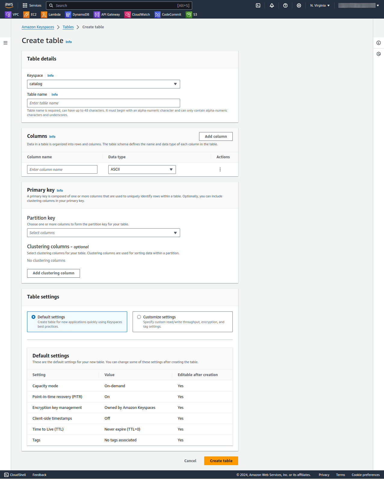Amazon Keyspaces dashboard - select your new Keyspace