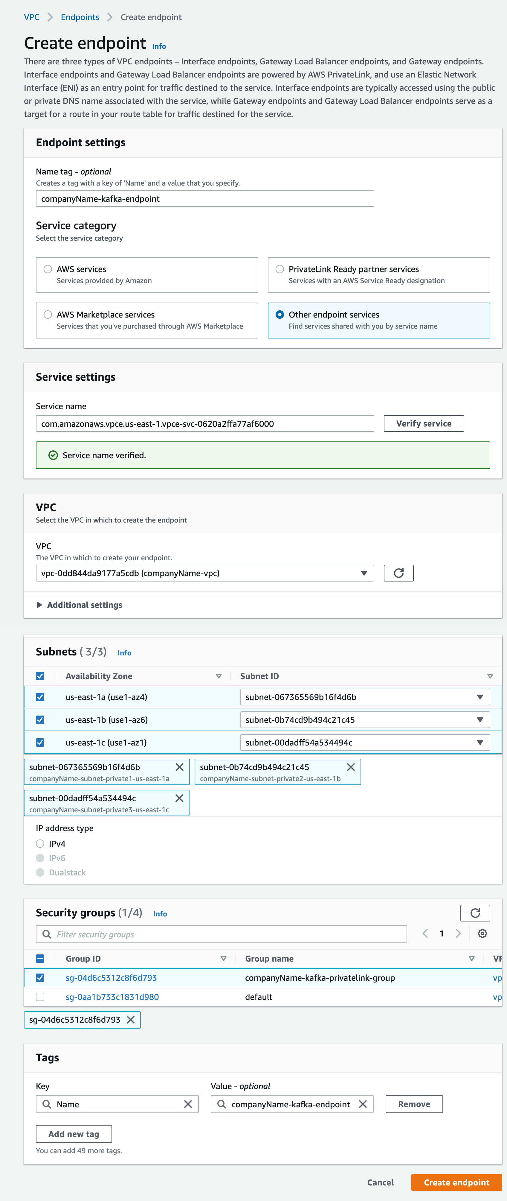 AWS Create Endpoint screen showing configuration details for connecting to a PrivateLink enabled Kafka cluster