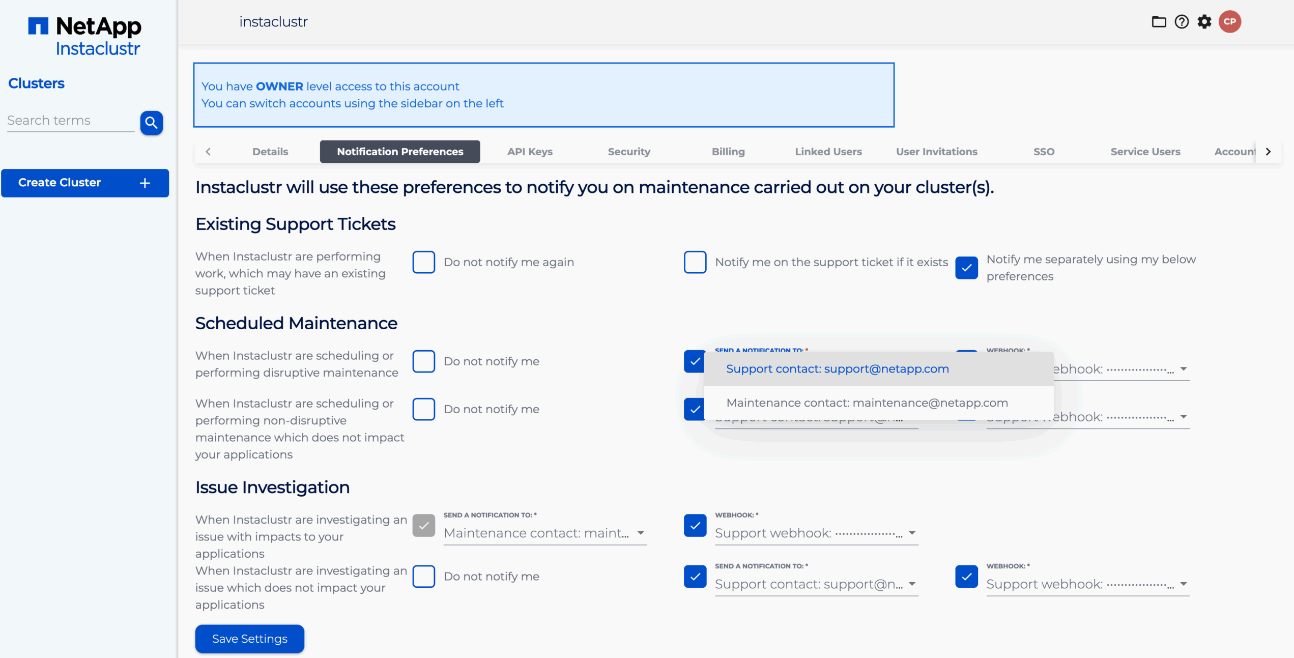 Select the corresponding checkboxes and dropdown menus to set notification preferences