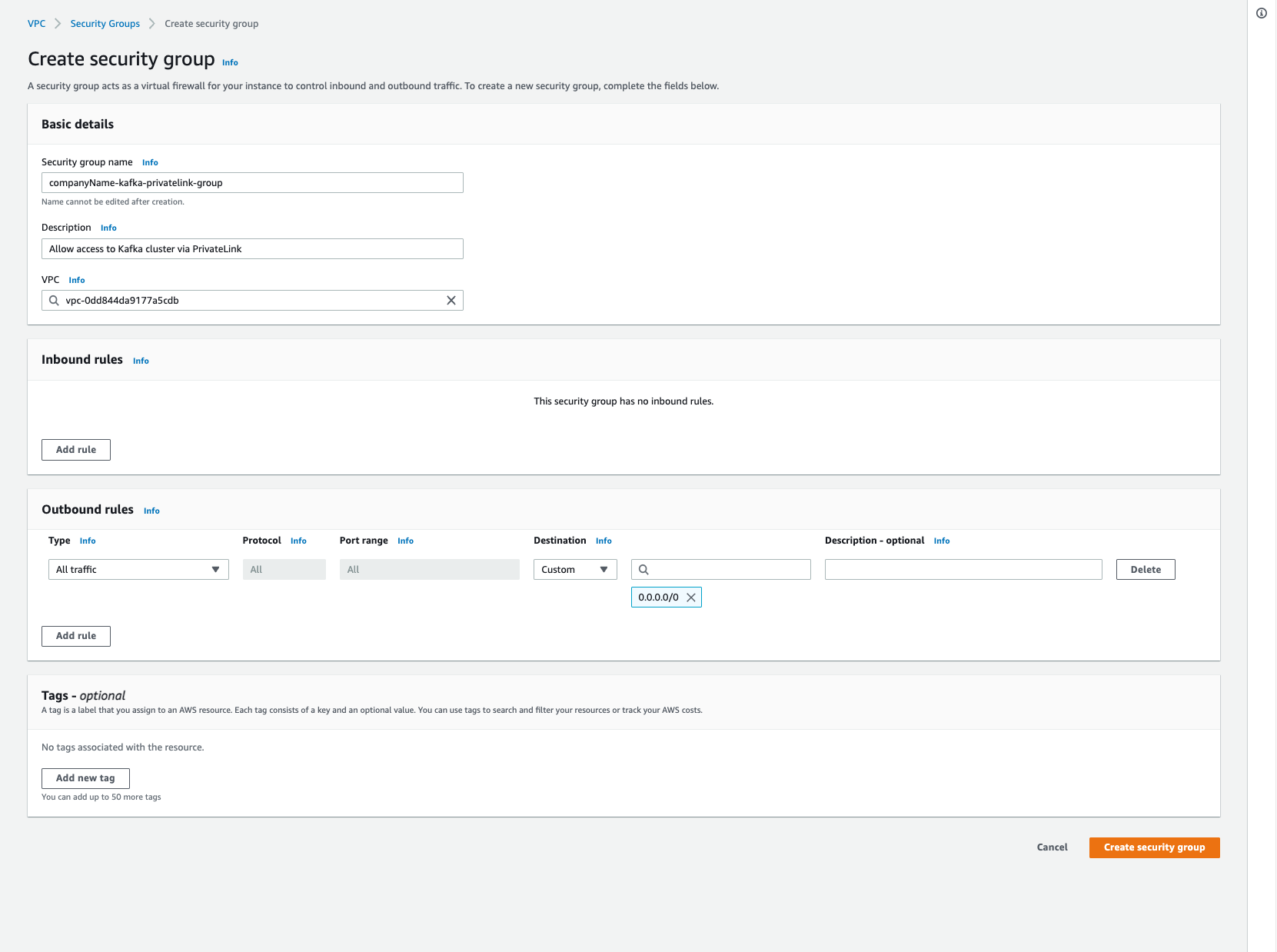 AWS Endpoint Security Group Configuration Screen
