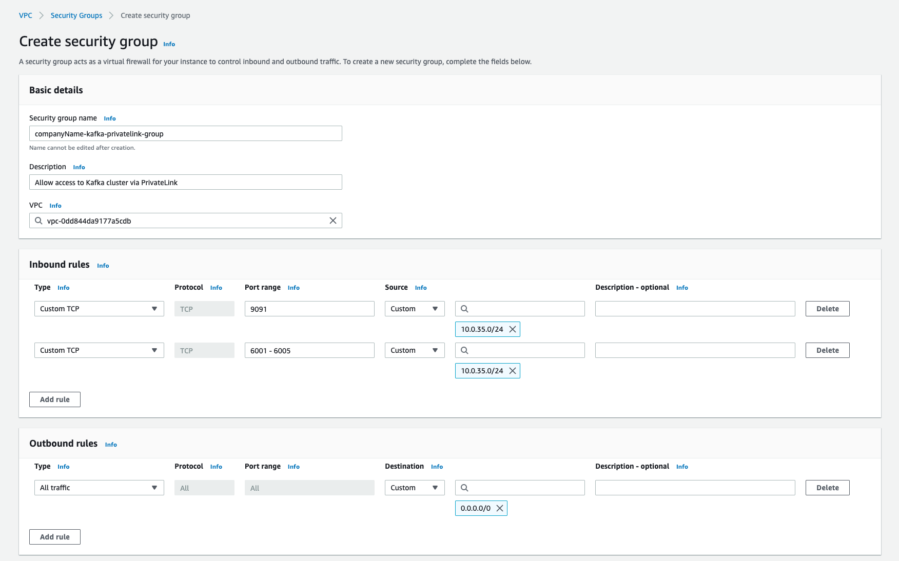 Configuration details of the endpoint security group for enabling connectivity to a Kafka cluster via PrivateLink