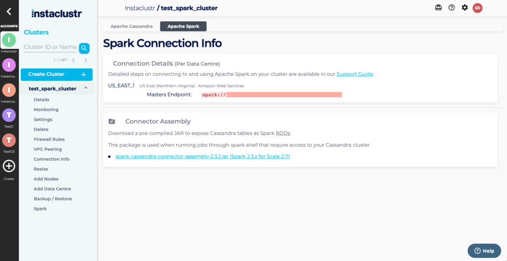 Screenshot showing spark connection information