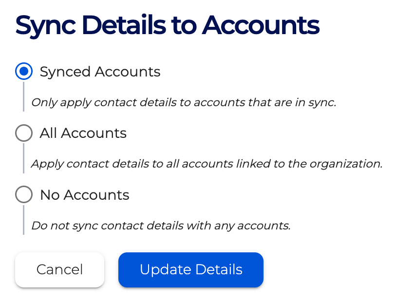 Choose a radio button to determine which Accounts you wish to sync details to.