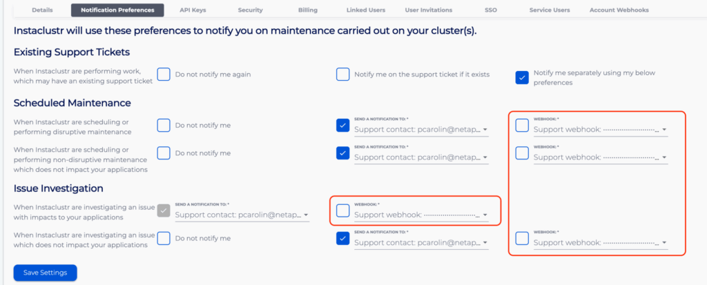 In the Notification Preferences Tab, check the checkboxes in the corresponding sections for each webhook type you wish to have those preferences